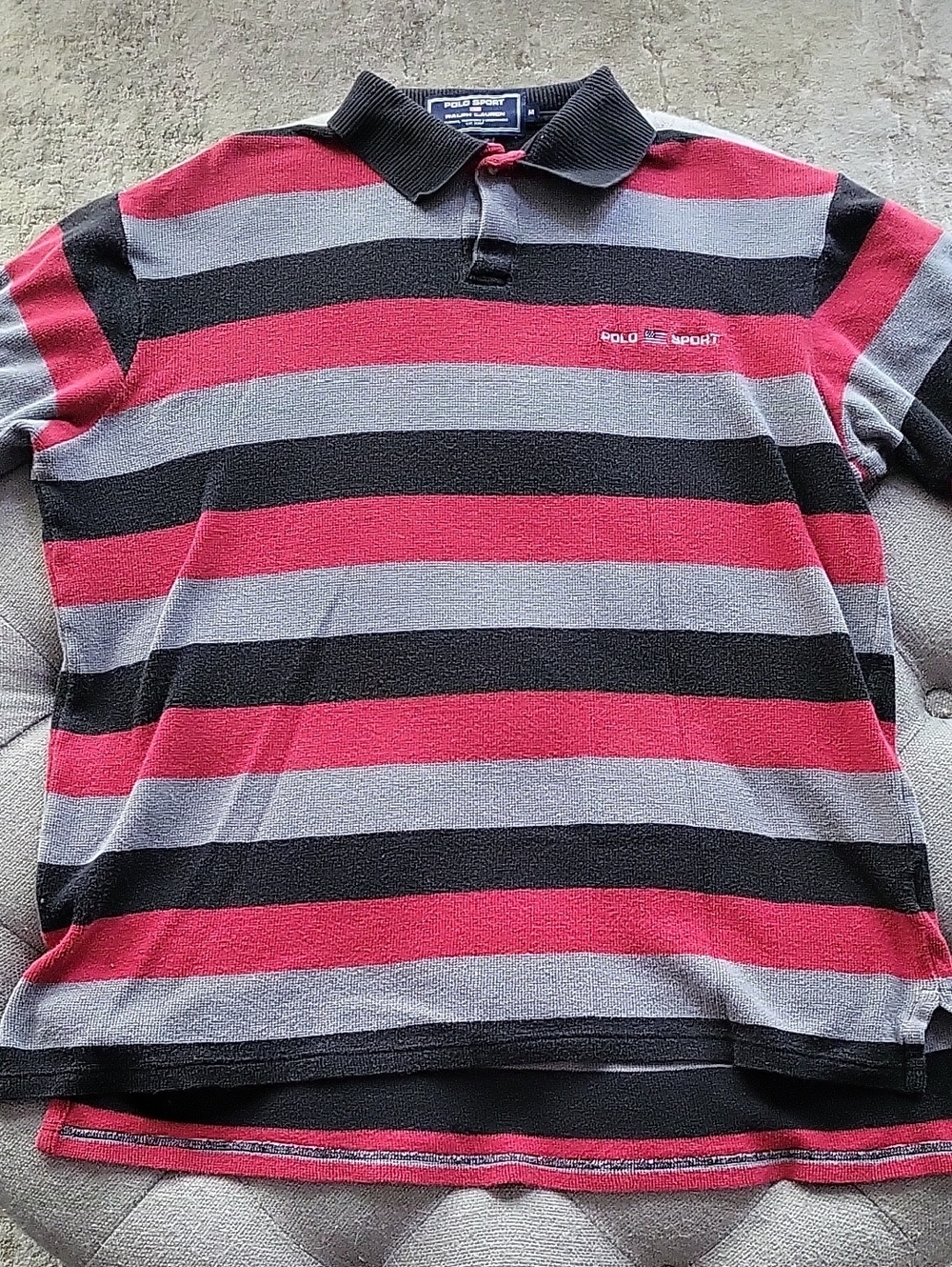 Polo by Ralph Lauren Red, Black & Gray Striped Polo Sweater